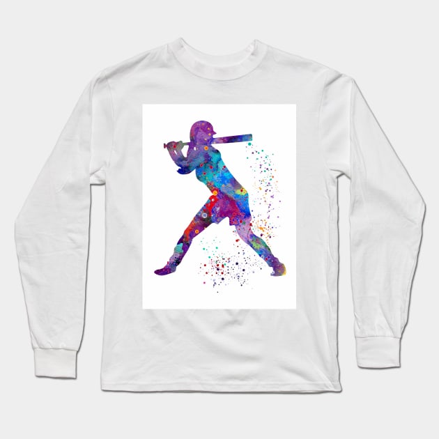 Baseball Batter Girl Watercolor Silhouette Long Sleeve T-Shirt by LotusGifts